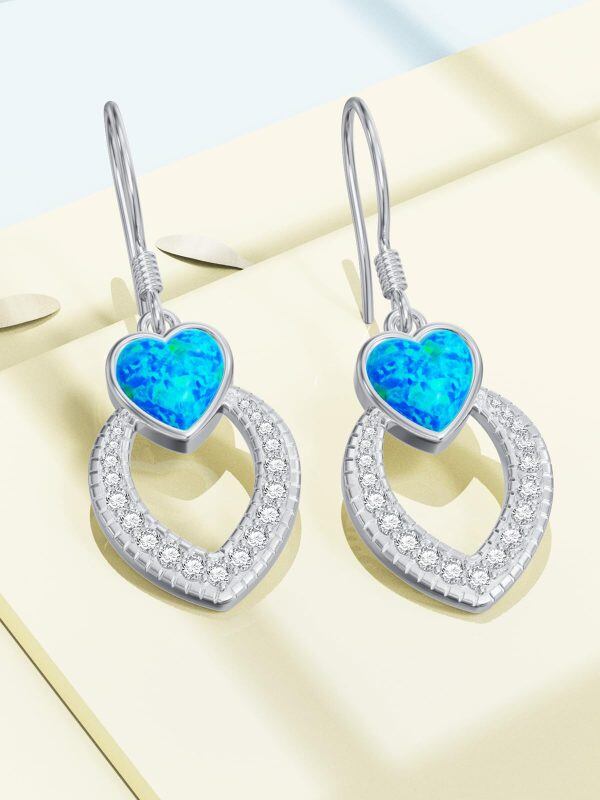 Sterling Silver Created Opal Heart Dangle Earrings-3