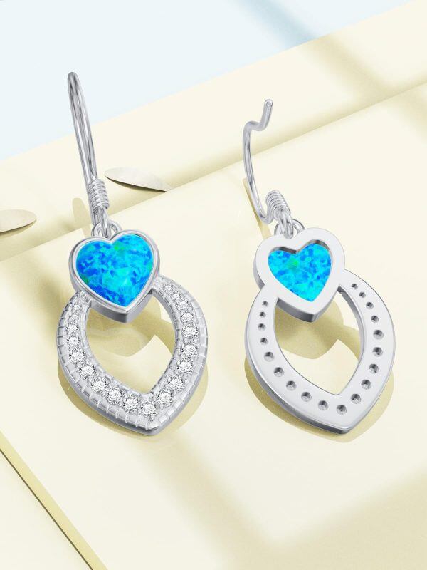 Sterling Silver Created Opal Heart Dangle Earrings-4