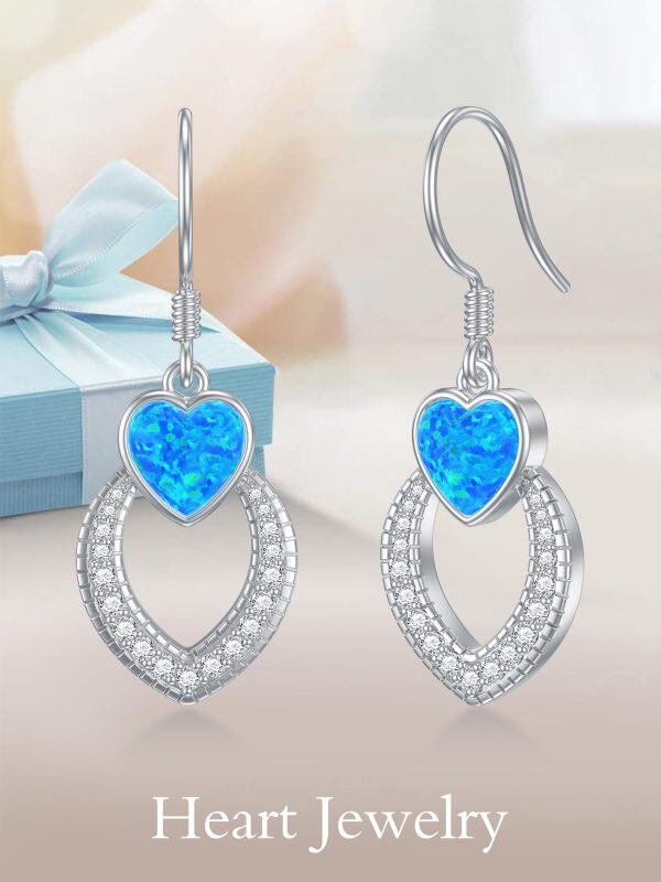 Sterling Silver Created Opal Heart Dangle Earrings-5