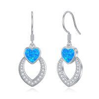 wholesale 925 Sterling Silver Metal Blue Opal Heart-Shaped Dangle Earrings for Women's Gifts- Rhodium Plated