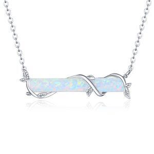 Sterling Silver Leaf Opal Bar Pendant Necklace-0