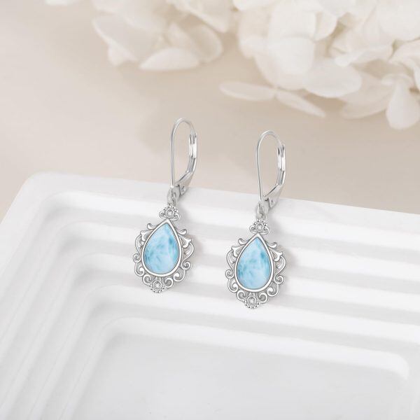 Sterling Silver Vintage Filigree Teardrop Larimar Dangle Earrings-3