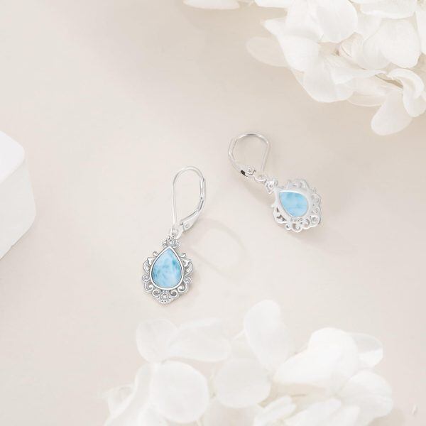 Sterling Silver Vintage Filigree Teardrop Larimar Dangle Earrings-4