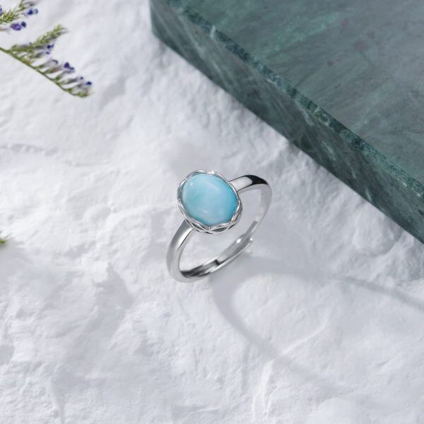 Sterling Silver Halo Larimar Adjustable Rings-4