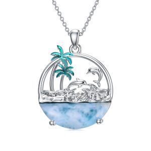 Sterling Silver Natural Larimar Dolphin Palm Tree Pendant Necklace-0