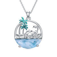 wholesale 925 Sterling Silver Larimar Dolphins & Palm Trees Pendant Necklace- Rhodium Plated