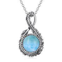 wholesale 925 Sterling Silver Natural Larimar Feather Pendant Necklace- Oxidized/Oxidised