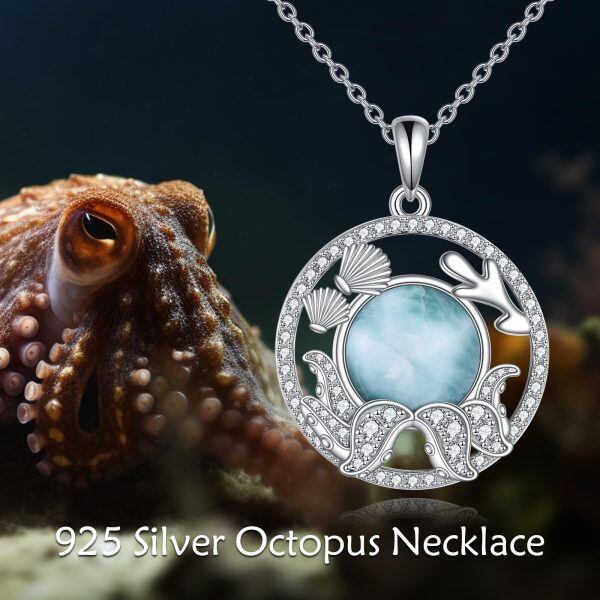 Sterling Silver Octopus Larimar Pendant Necklace-5