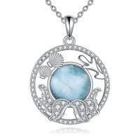 wholesale 925 Sterling Silver Round Larimar Ocean Life Pendant Necklace s for Women and Girls- Rhodium Plated