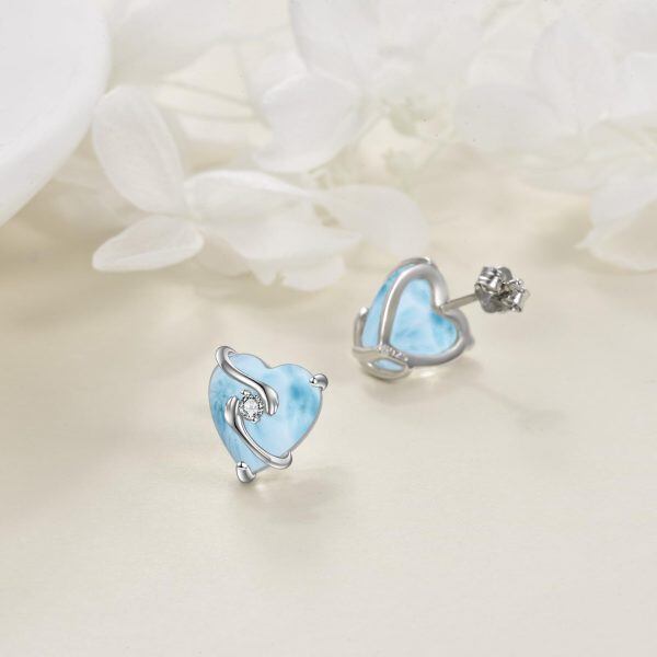 Sterling Silver Heart Larimar Stud Earrings-3