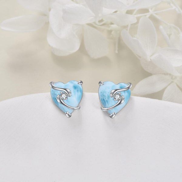 Sterling Silver Heart Larimar Stud Earrings-4