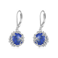 wholesale 925 Sterling Silver Lapis Lazuli Flower Drop Earrings Leverback Bohemian Jewelry for Women and Girls- Rhodium Plated
