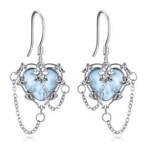 Sterling Silver Gothic Larimar Witches Heart Dangle Earrings-0