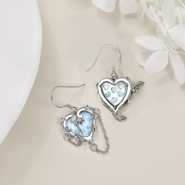 Sterling Silver Gothic Larimar Witches Heart Dangle Earrings-4