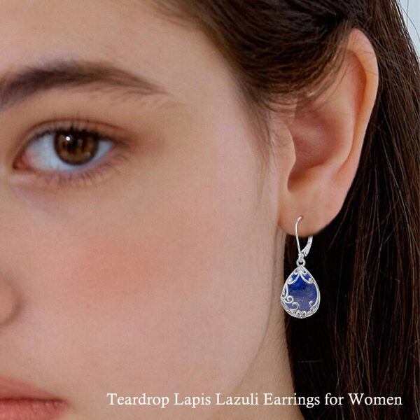 Sterling Silver Teardrop Lapis Lazuli Dangle Earrings-2