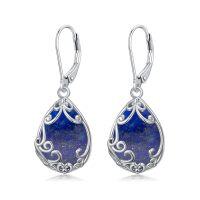 wholesale 925 Sterling Silver Lapis Lazuli Filigree Teardrop Leverback Earrings Gift for Women- Rhodium Plated