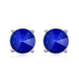 Sterling Silver Round Lapis Stud Earrings-0