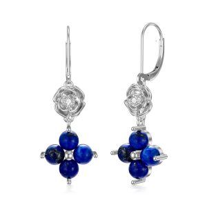 Sterling Silver Teardrop Lapis Lazuli Dangle Earrings with Rose Flower-0