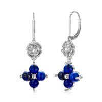 wholesale 925 Sterling Silver Blue Lapis 5mm Rose Flower Leverback Dangle Earrings for Women- Rhodium Plated