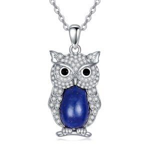 Sterling Silver Owl Lapis Pendant Necklace-0