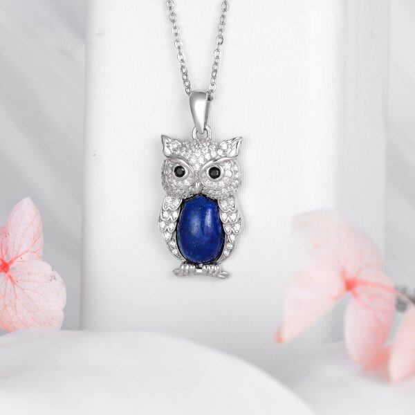 Sterling Silver Owl Lapis Pendant Necklace-3