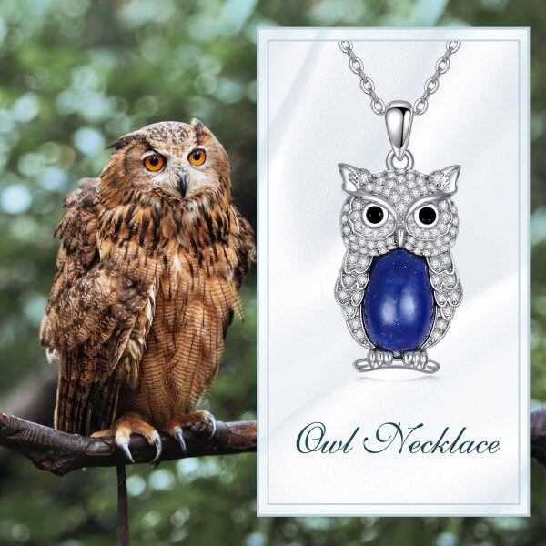 Sterling Silver Owl Lapis Pendant Necklace-5