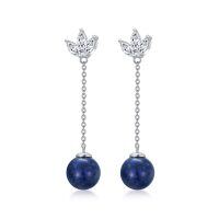 wholesale 925 Sterling Silver with Natural Lapis Lazuli 9mm Round Drop Earrings for Women- Rhodium Plated