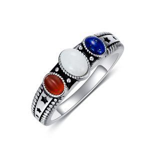 Sterling Silver Oval 3-Stone Agate Lapis Rings-0