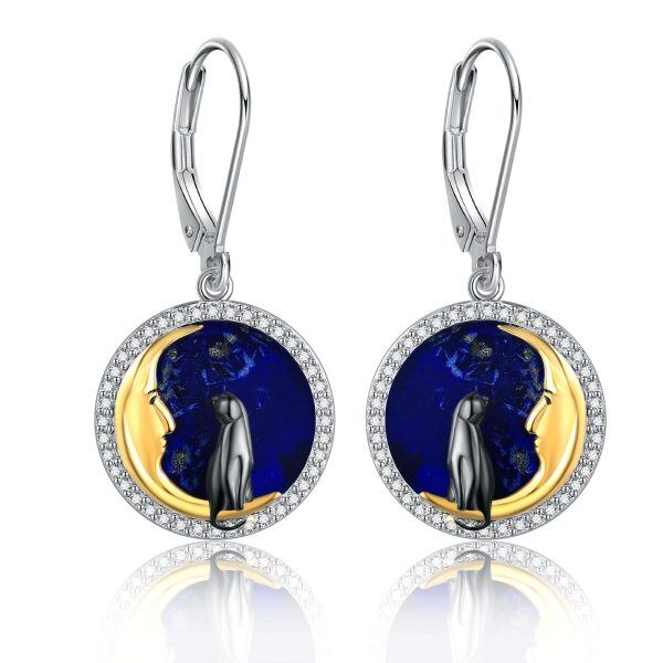 Sterling Silver Lapis Lazuli Crescent Moon Cat Dangle Earrings-0