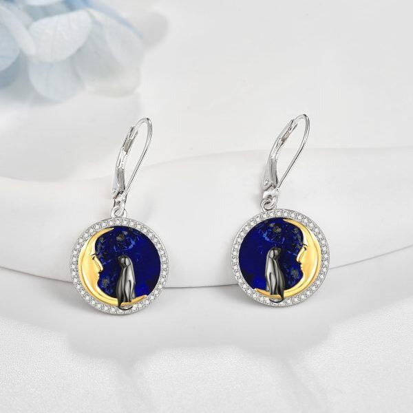 Sterling Silver Lapis Lazuli Crescent Moon Cat Dangle Earrings-3