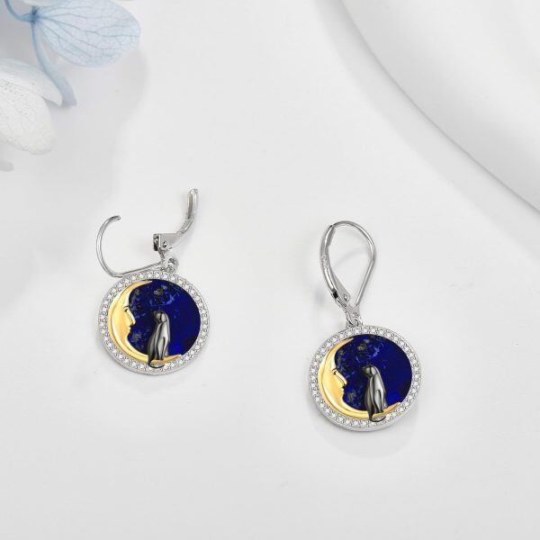 Sterling Silver Lapis Lazuli Crescent Moon Cat Dangle Earrings-4