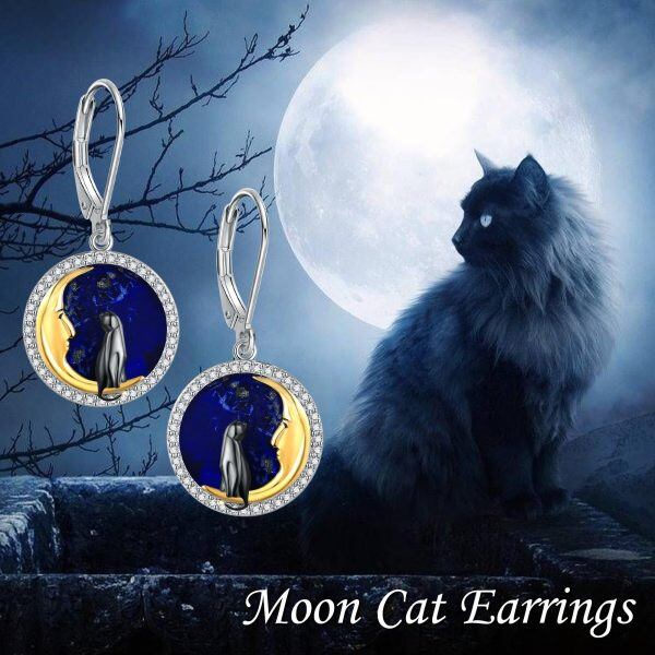 Sterling Silver Lapis Lazuli Crescent Moon Cat Dangle Earrings-5