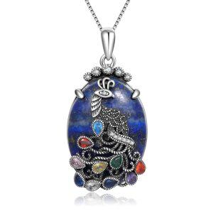 Sterling Silver Peacock Lapis Pendant Necklace-0