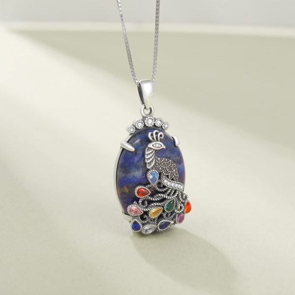 Sterling Silver Peacock Lapis Pendant Necklace-3