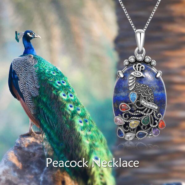 Sterling Silver Peacock Lapis Pendant Necklace-5