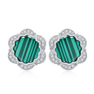 Sterling Silver Malachite Flower Stud Earrings-0