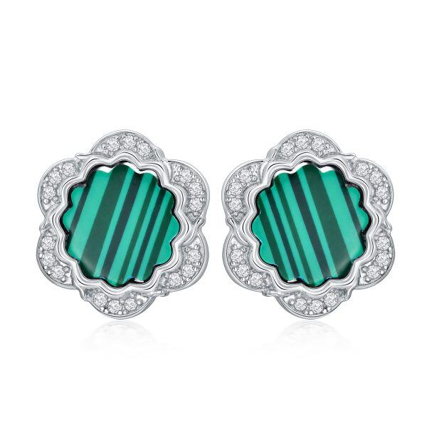 Sterling Silver Malachite Flower Stud Earrings-0