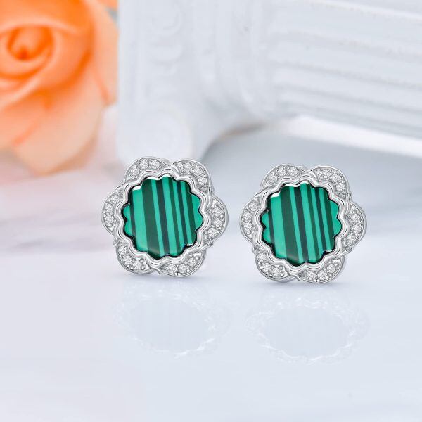 Sterling Silver Malachite Flower Stud Earrings-3