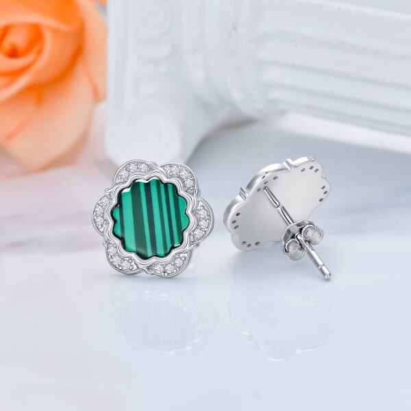 Sterling Silver Malachite Flower Stud Earrings-4