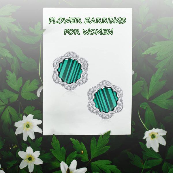 Sterling Silver Malachite Flower Stud Earrings-5