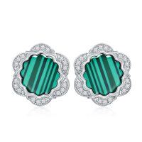 wholesale 925 Sterling Silver Studs with Green Striped Stone and Cubic Zirconia Birthstone s for Her- Rhodium Plated