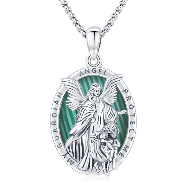 Sterling Silver Malachite Guardian Angel Pendant Necklace with Stainless Steel Chain-0