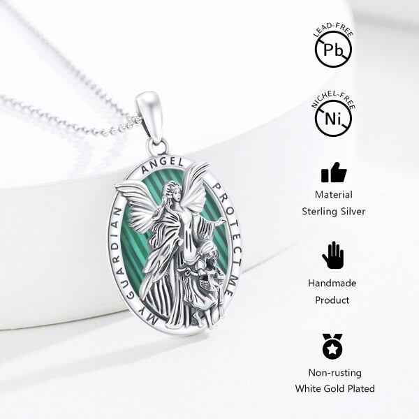 Sterling Silver Malachite Guardian Angel Pendant Necklace with Stainless Steel Chain-2