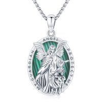 wholesale 925 Sterling Silver Guardian Angel Protect Me Necklace with Green Stone and Religious Figures Pendant for Women Men  48 Chain Length- Rhodium Plated