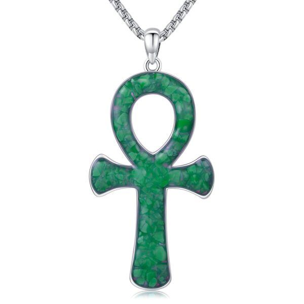 Sterling Silver Ankh Malachite Cross Pendant Necklace with Stainless Steel Chain-0