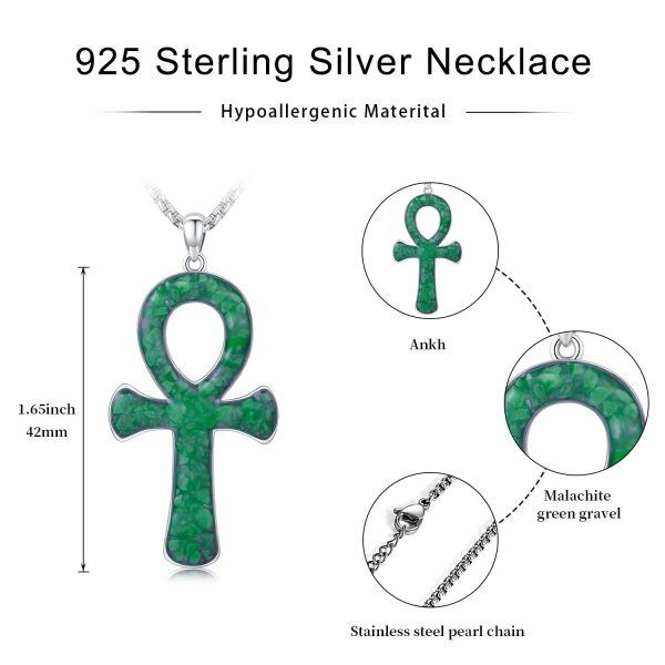 Sterling Silver Ankh Malachite Cross Pendant Necklace with Stainless Steel Chain-1