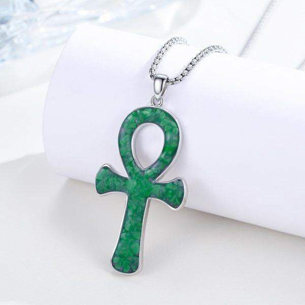 Sterling Silver Ankh Malachite Cross Pendant Necklace with Stainless Steel Chain-4