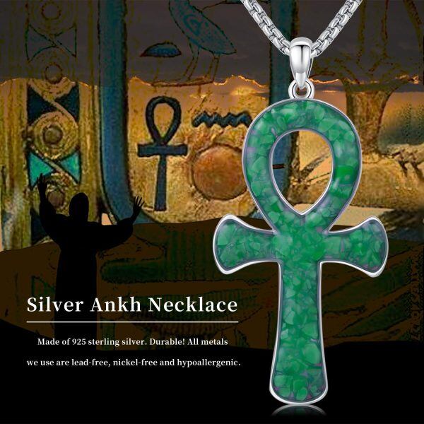 Sterling Silver Ankh Malachite Cross Pendant Necklace with Stainless Steel Chain-5