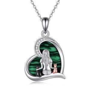 Sterling Silver Girls Cat Malachite Heart Pendant Necklace-0