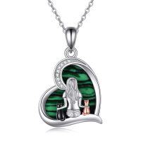 wholesale 925 Sterling Silver Malachite Heart-Shaped Pendant with Cat and Girl Design Necklaces for Women Gifts- Tri
